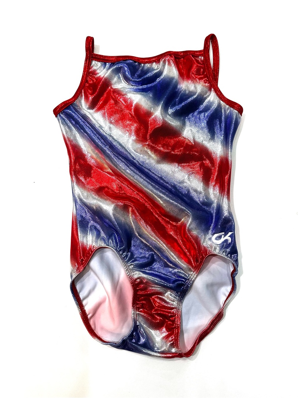 GK Red, Blue, and Silver Metallic Striped Leotard with Thin Straps